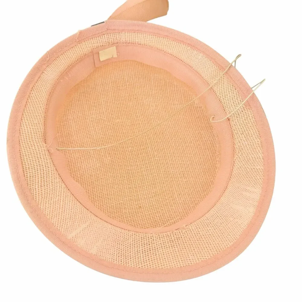 Vtg Pink Straw Boater Hat Floral Ribbton Sun Skimmer Garden Party Cottagecare